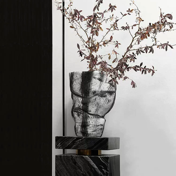 Porcelain Floor Vase 24''H | Hand-Drawn Cobalt & Dolomite Glaze