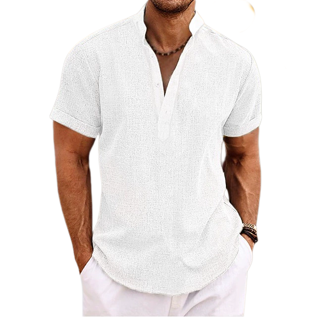 Men's 100% Linen Short Sleeve Shirt Henry Collar UPF 25+
