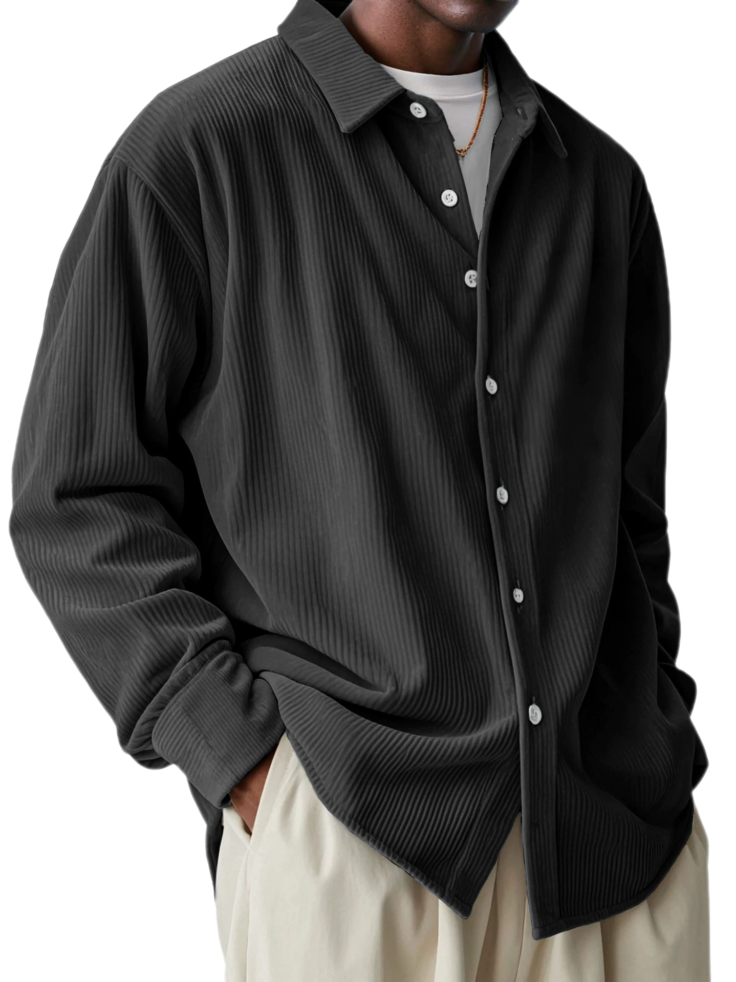 Men's Corduroy Long Sleeve Shirt Button Collar Loose Fit