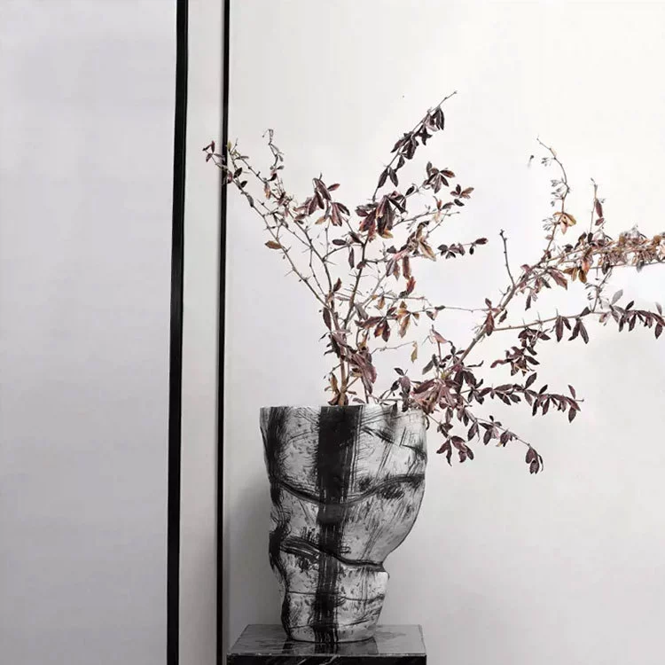 Porcelain Floor Vase 24''H | Hand-Drawn Cobalt & Dolomite Glaze