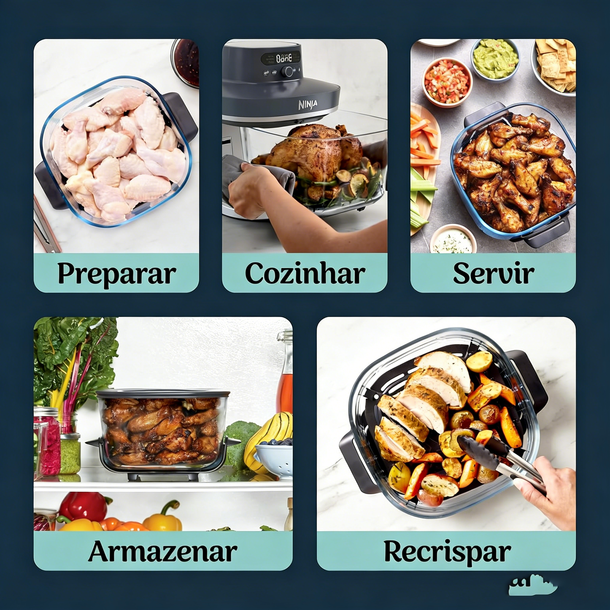 Fritadeira Elétrica Ninja Crispi Pro 6 em 1 com Vidro | 232 °C, Atóxica, Recipientes e Tampas de 6 e 2,5 litros