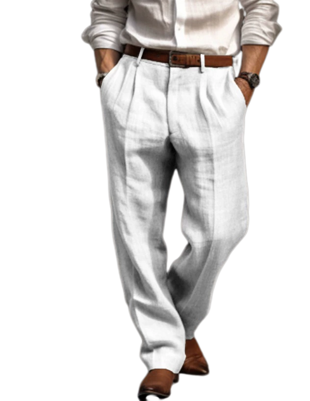 Men's Cotton-Linen Pleated Trousers Straight Leg Casual