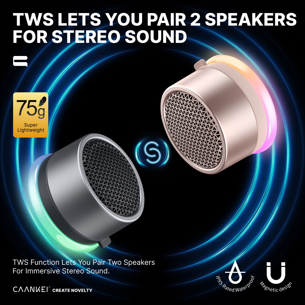 75g Super Lightweight Portable Wireless Speaker with TWS Stereo Pairing and Built-in Mic