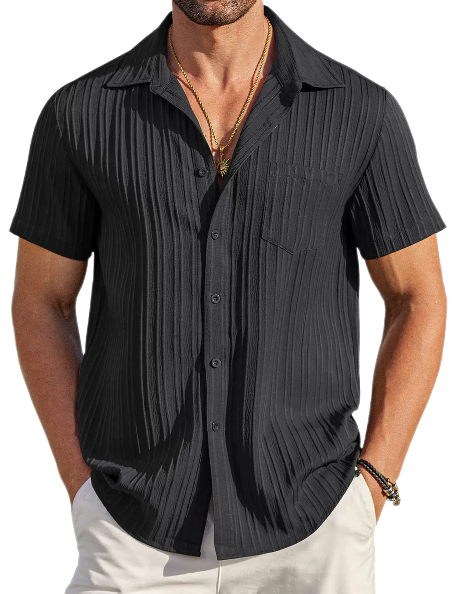 Men's Polyester-Cotton Short Sleeve Shirt Button-Up Collar Summer Casual