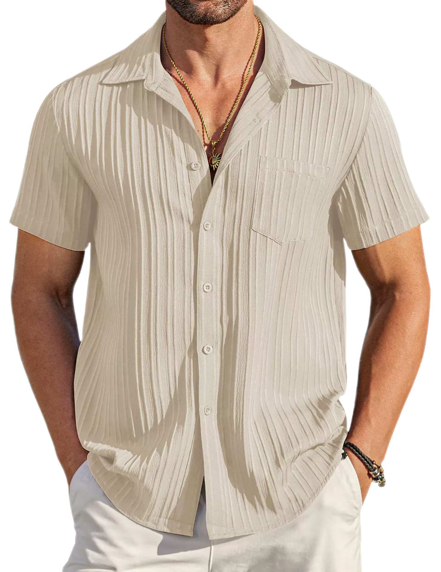 Men's Polyester-Cotton Short Sleeve Shirt Button-Up Collar Summer Casual