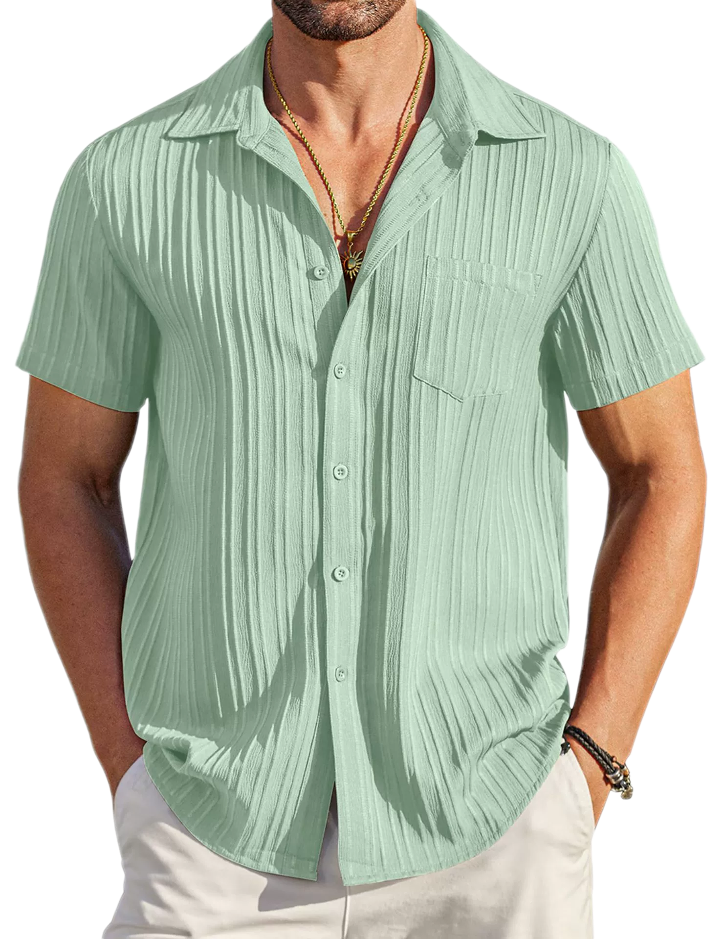Men's Polyester-Cotton Short Sleeve Shirt Button-Up Collar Summer Casual
