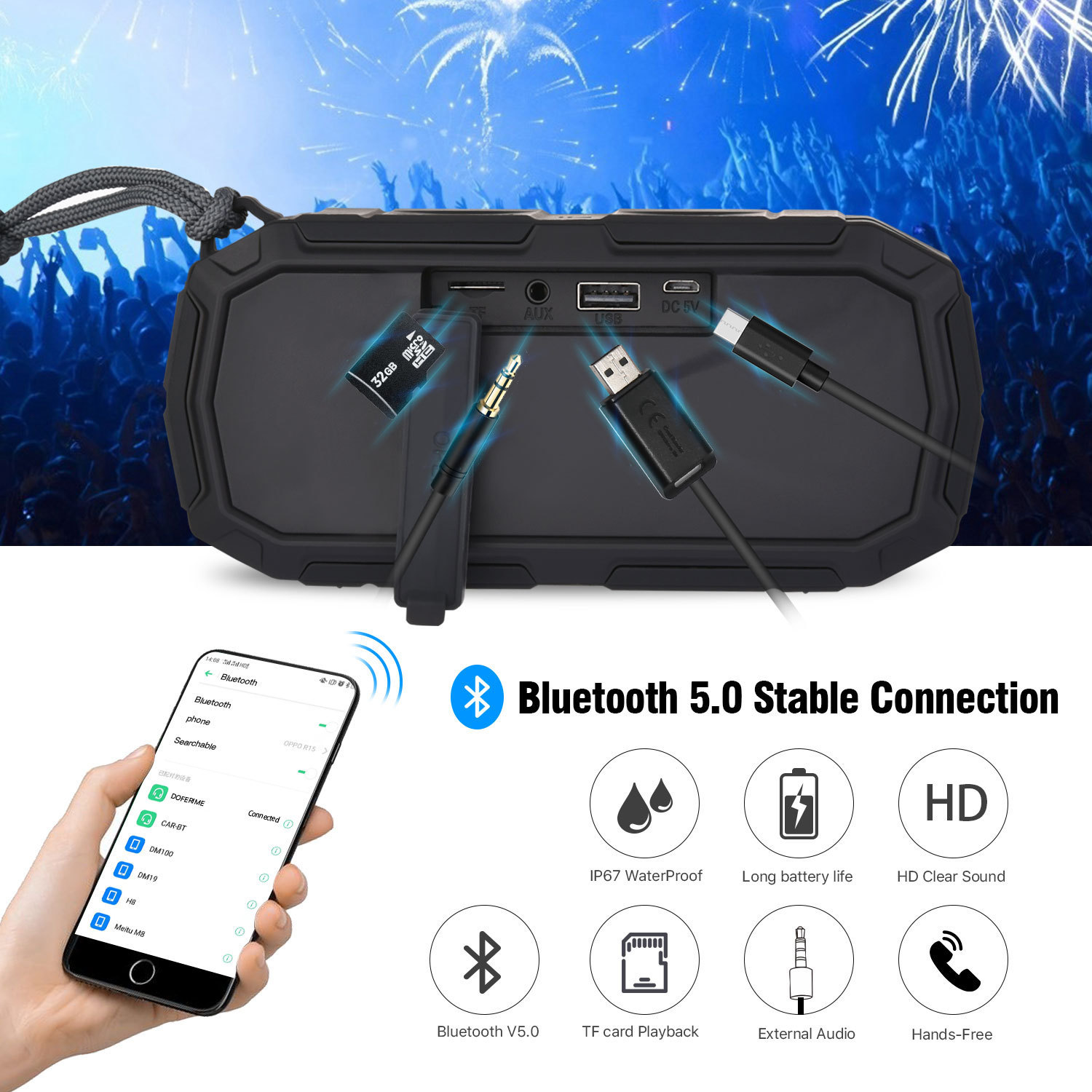 IP67 Waterproof Portable Bluetooth Speaker with Dual Speaker Pairing