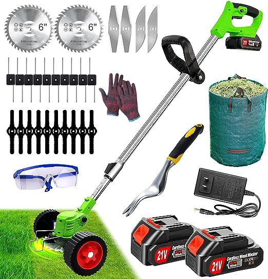 Weed Eater Cordless, Electric Weed Wacker Battery Operated Lawn Trimmer with 2 x 21V 2Ah Battery Powered & Charger, Lightweight No String Trimmer/Grass Trimmer/Edger/Mower/Brush Cutter for Garden Yard