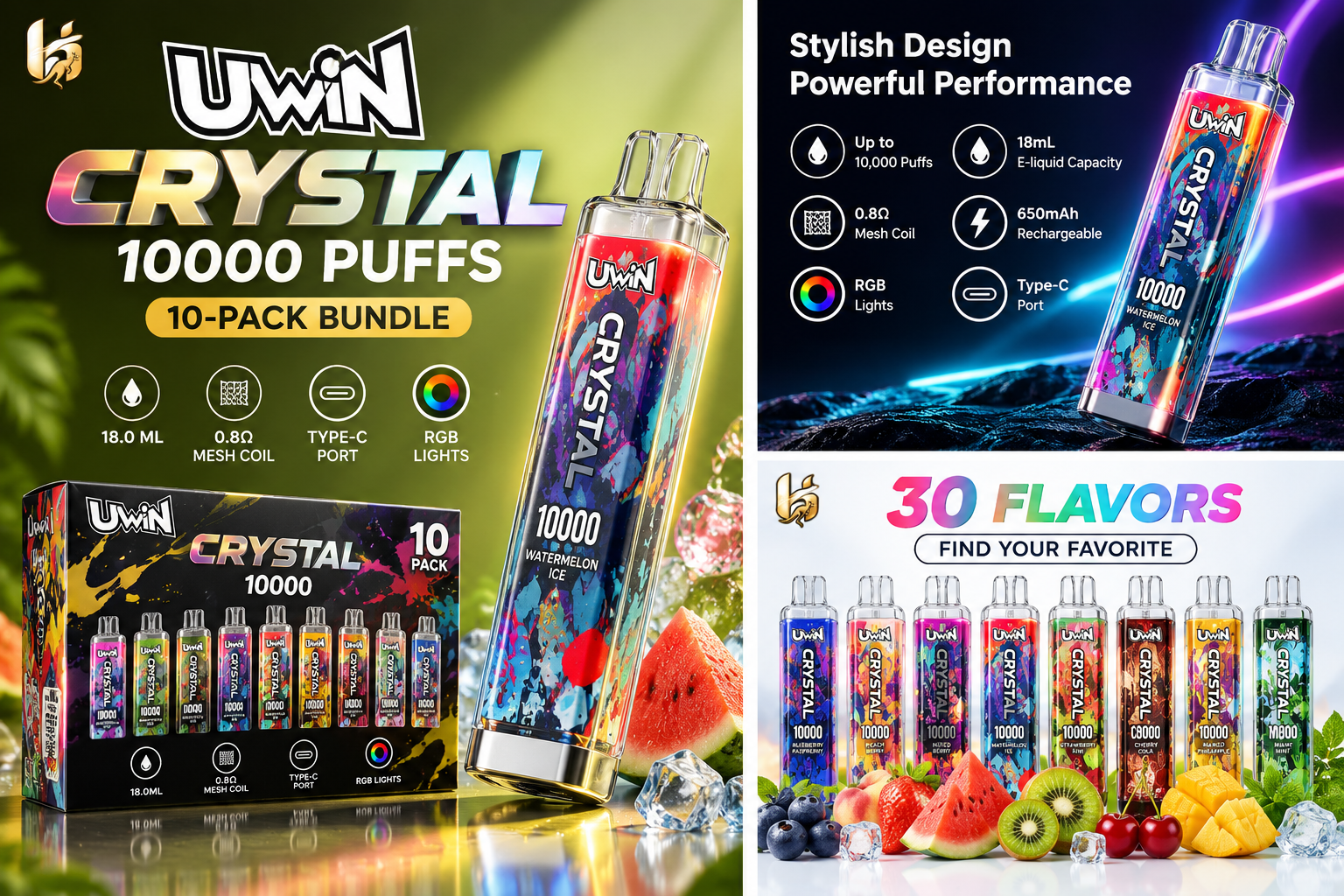Uwin Crystal 10000 Puffs Disposable Vape – 10-Pack Bundle | RGB Lights & Multiple Flavors