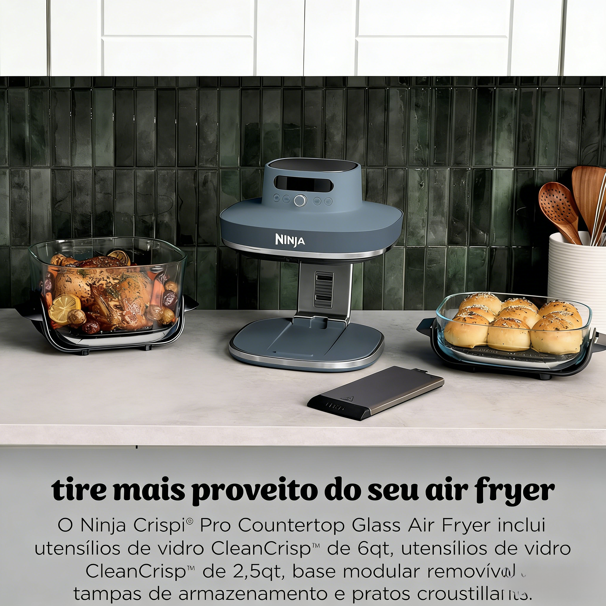 Fritadeira Elétrica Ninja Crispi Pro 6 em 1 com Vidro | 232 °C, Atóxica, Recipientes e Tampas de 6 e 2,5 litros