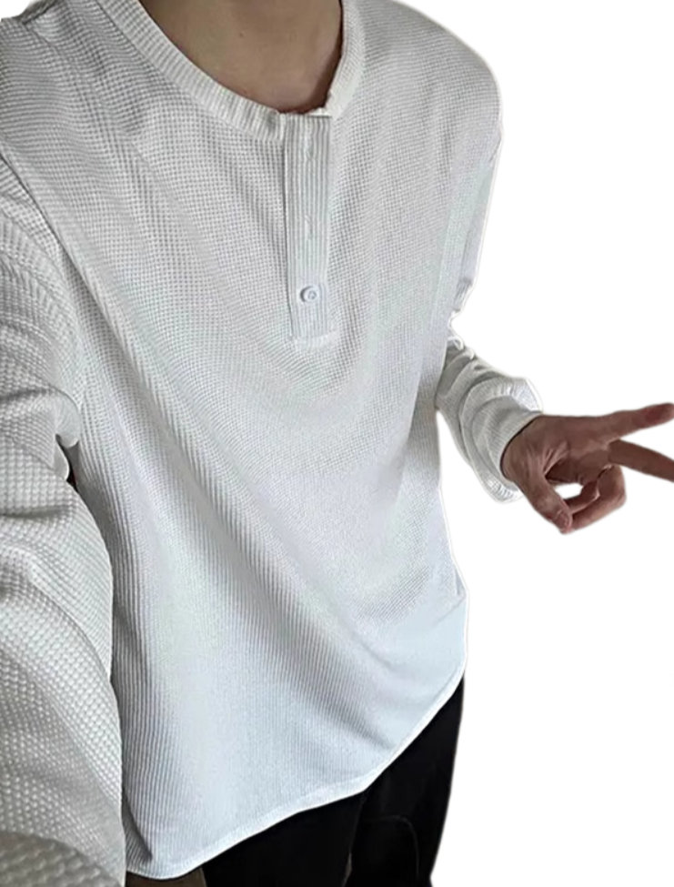 Men’s Textured Waffle Knit Long-Sleeve Shirt – 220 GSM Cotton Blend, Relaxed Fit Base Layer