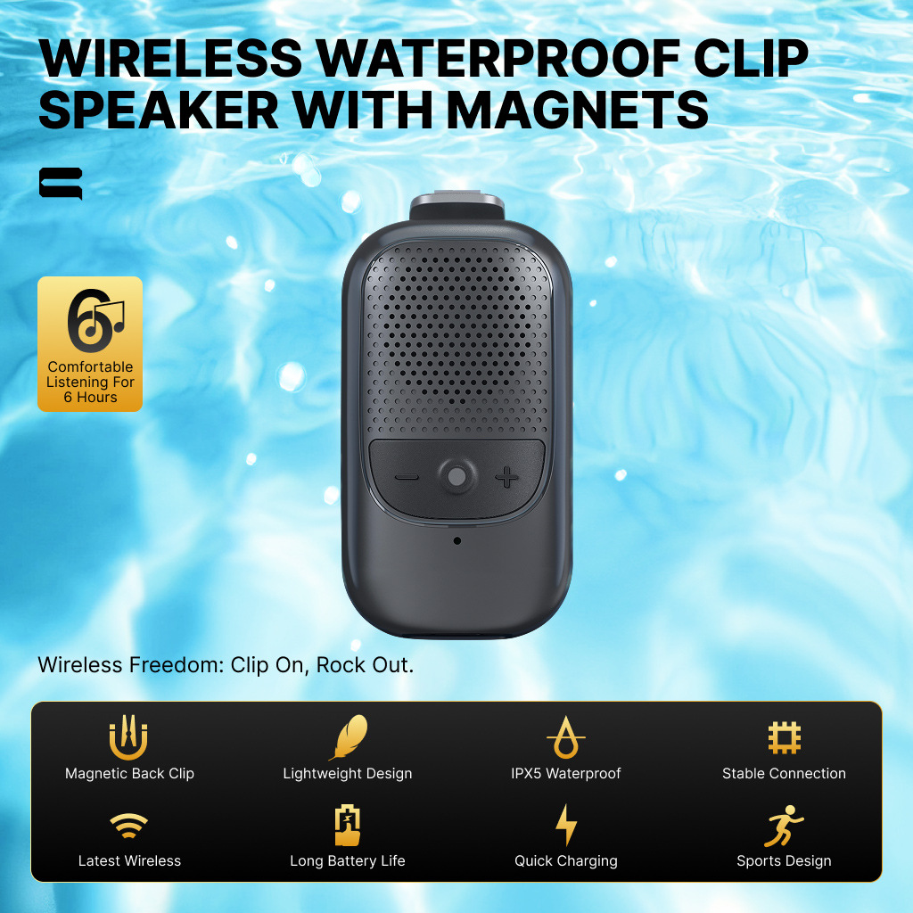 Outdoor Clip-On Speaker: Portable IPX6 Waterproof with Magnetic Clip and Long Battery Lif
