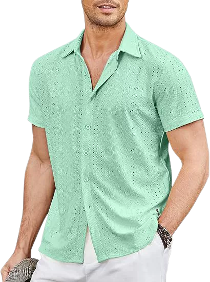 Men's Cotton-Linen Blend Button Shirt Short Sleeve UPF 30+