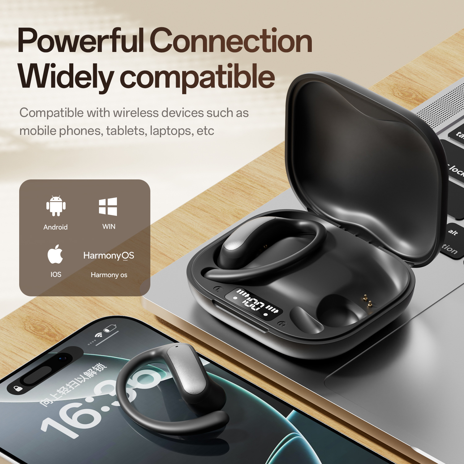Open-Ear Wireless 5.4 Earphones with HD Sound, Touch Control, Noise Reduction & Long Battery Life