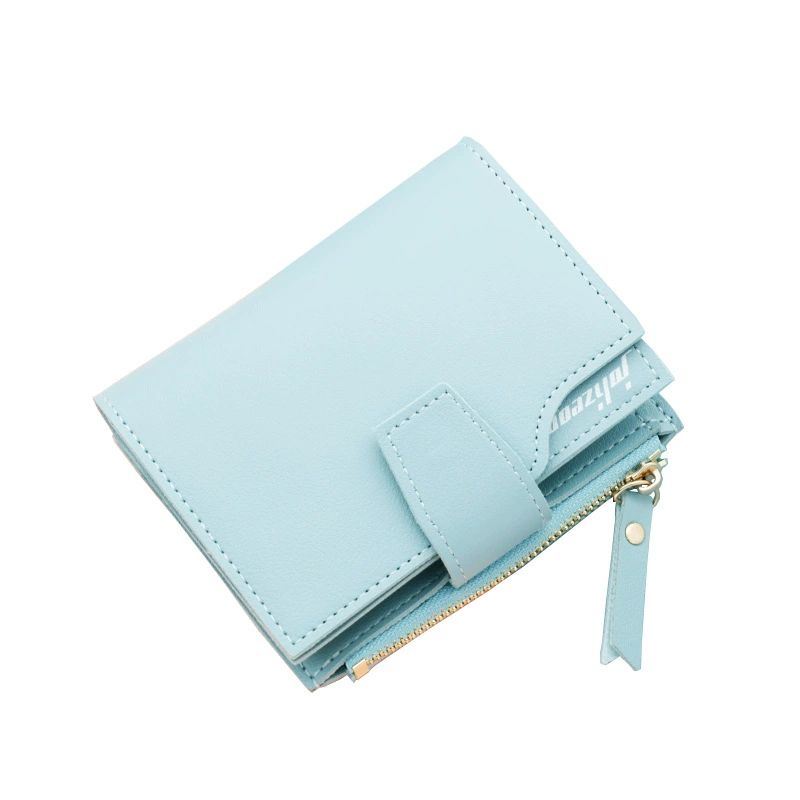 Genuine Leather Women's Tri-Fold Zip Wallet – Compact Blue Design with Card Slots and Coin Pocket