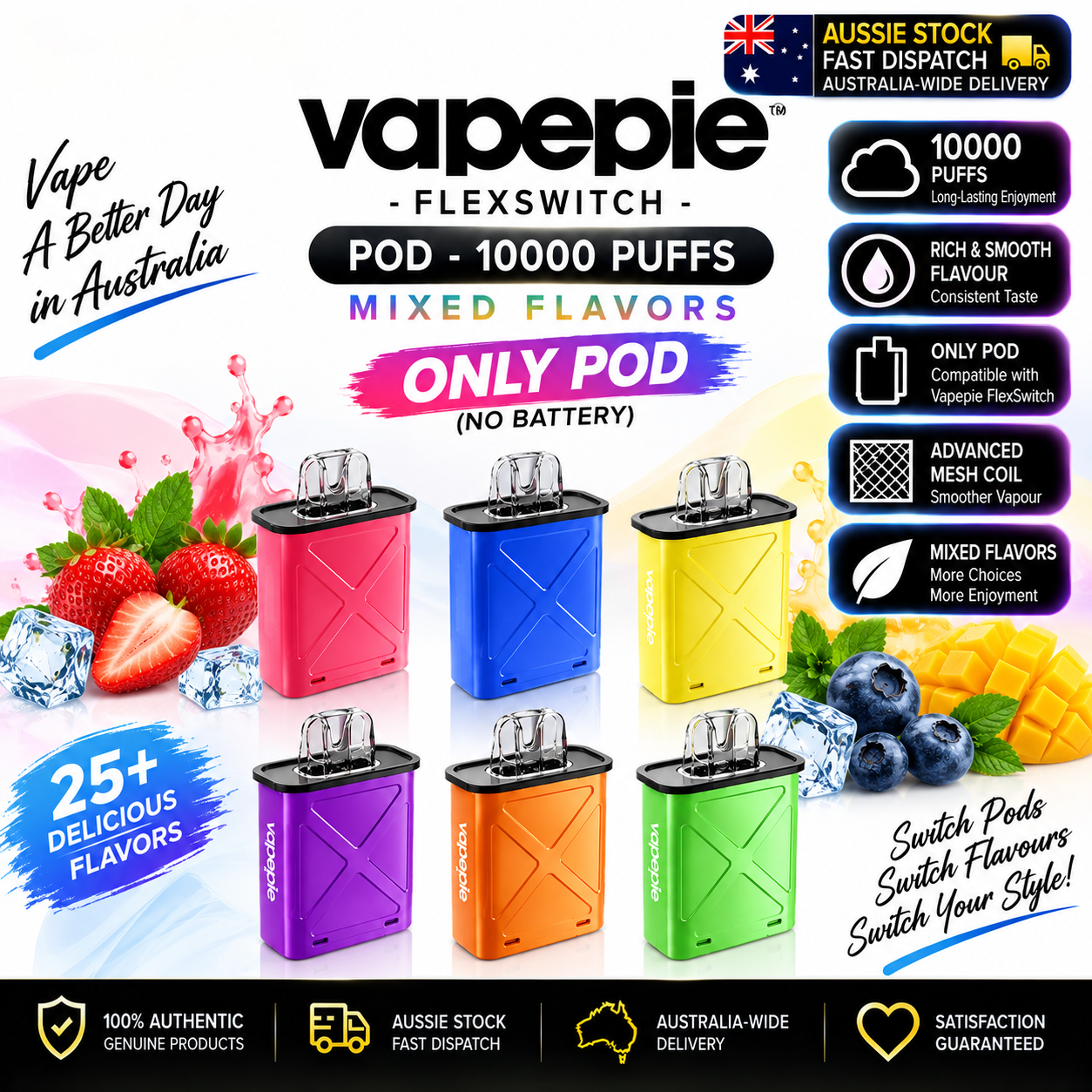 Vapepie FlexSwitch 10000 Puffs Pods【ONLY POD】—Mixed Flavors ( Sydney Stock 🚚 )