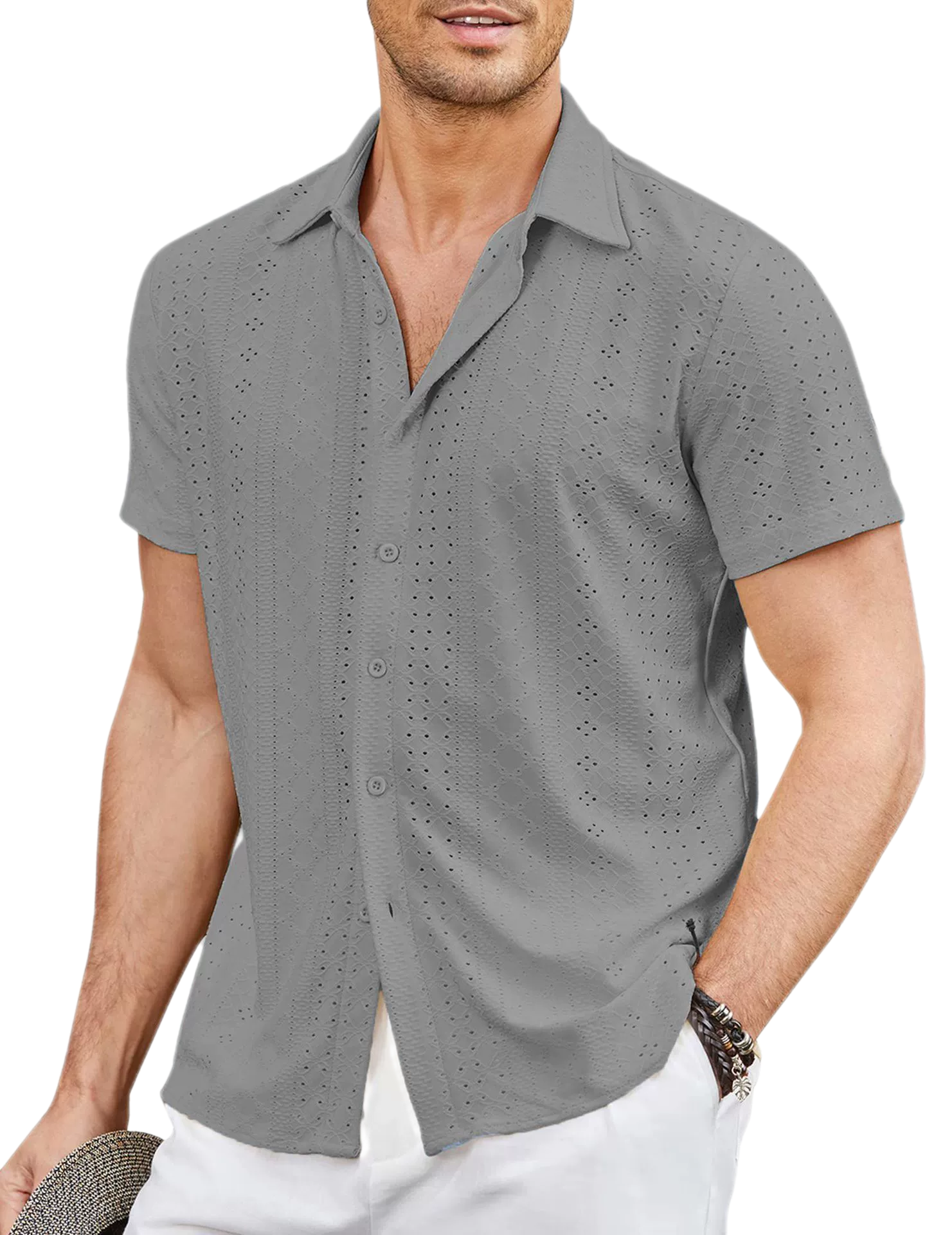 Men's Cotton-Linen Blend Button Shirt Short Sleeve UPF 30+