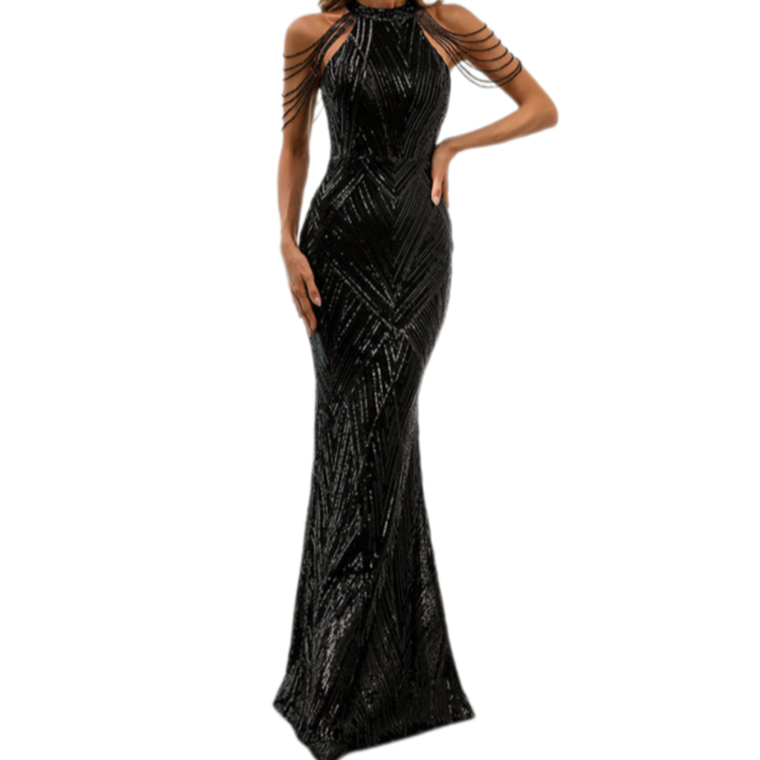 Floor-Length Sequin Evening Gown – Slim-Fit Fishtail Hem Dress with Full Back Zipper