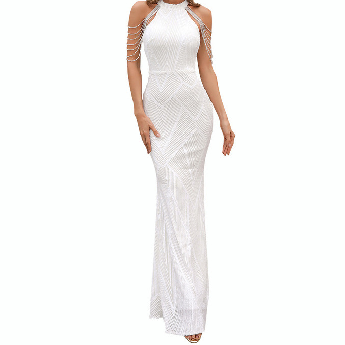 Floor-Length Sequin Evening Gown – Slim-Fit Fishtail Hem Dress with Full Back Zipper