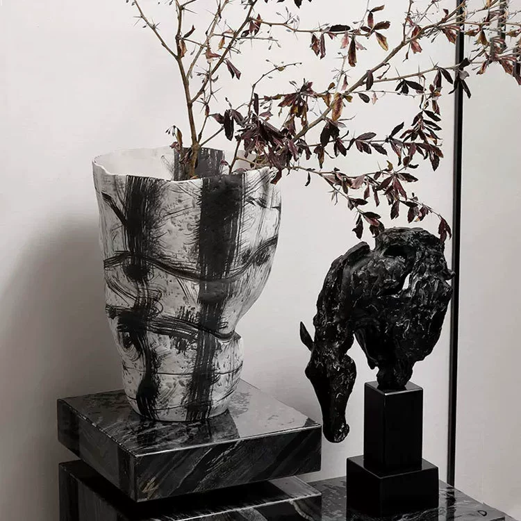 Porcelain Floor Vase 24''H | Hand-Drawn Cobalt & Dolomite Glaze