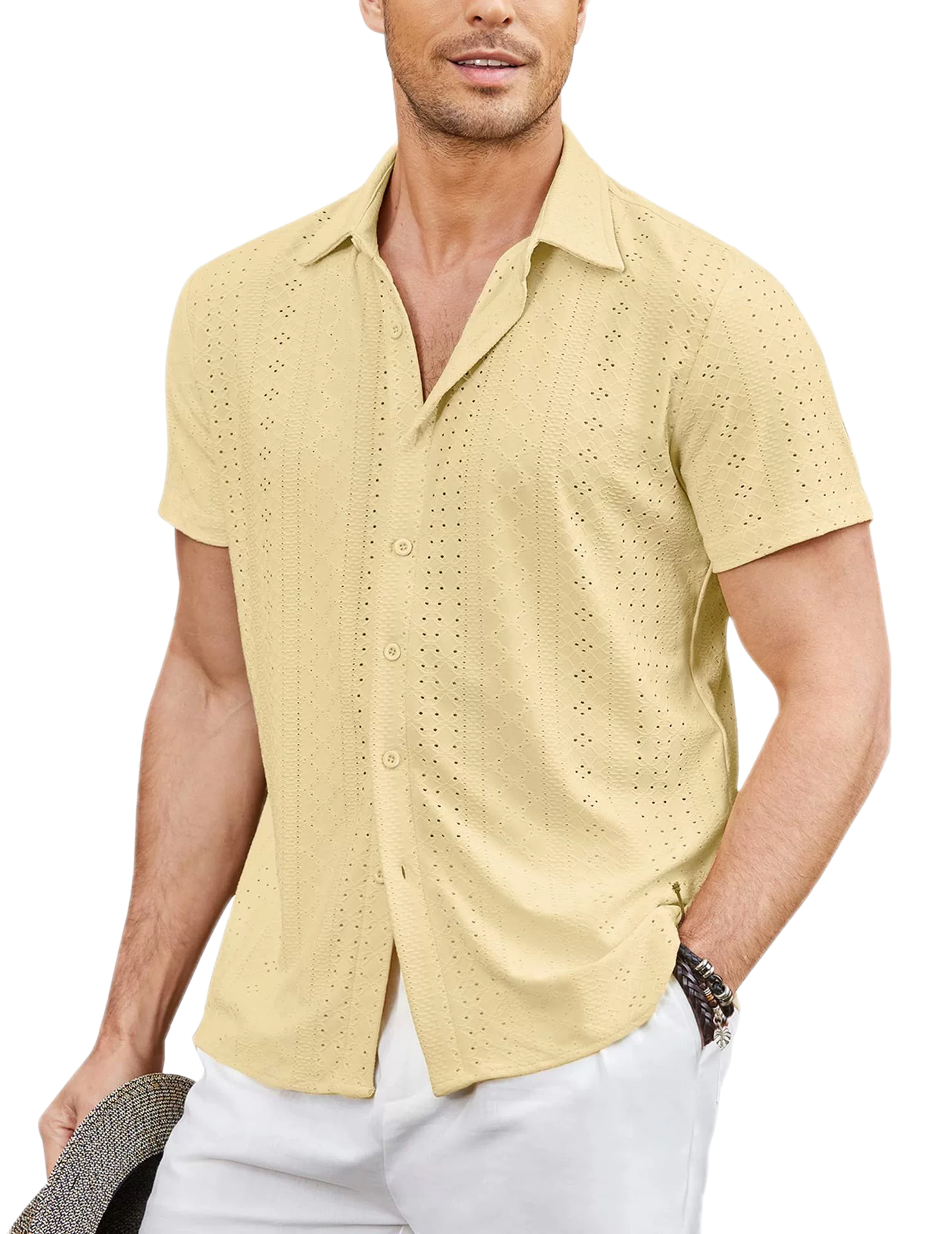 Men's Cotton-Linen Blend Button Shirt Short Sleeve UPF 30+