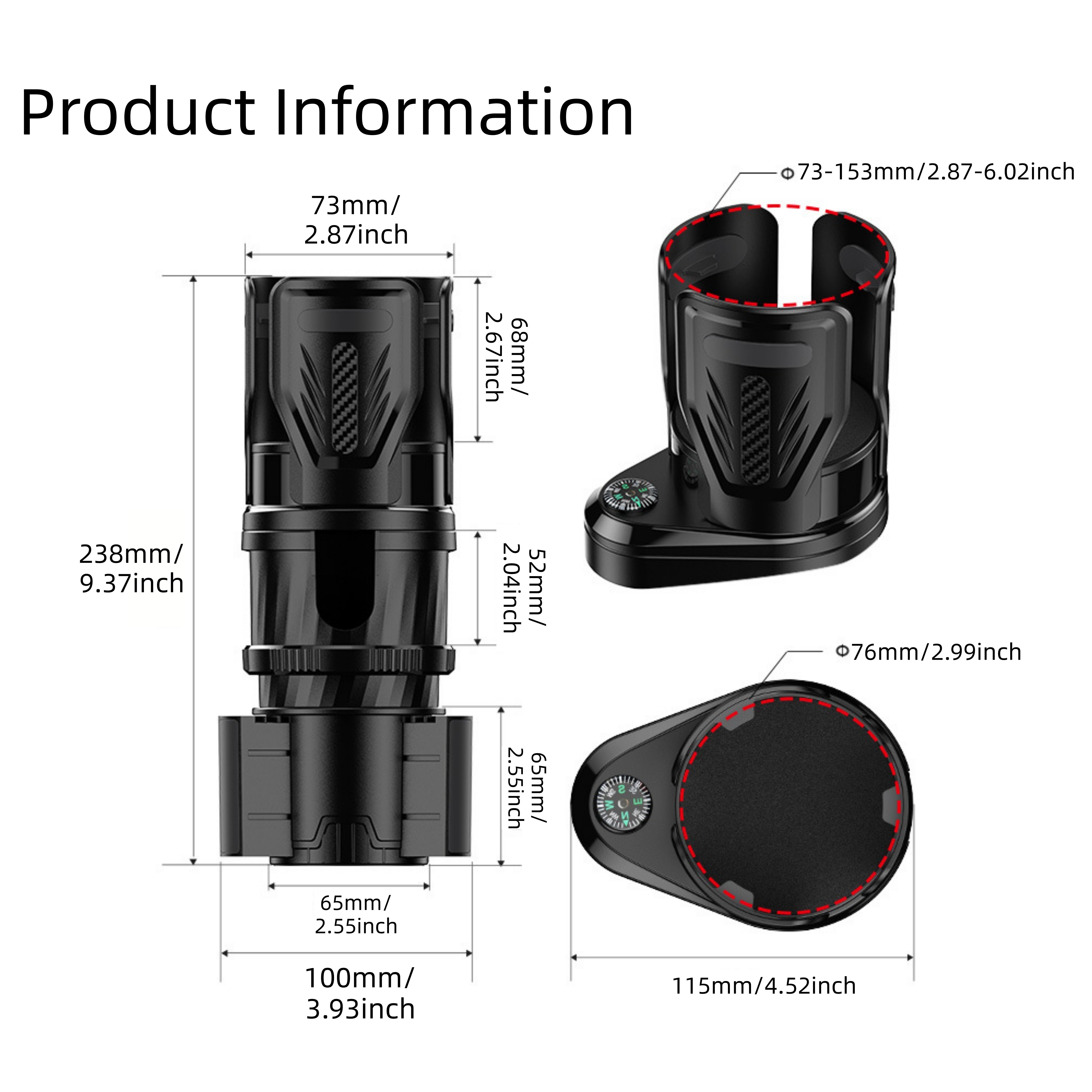 Car Cup Holder Expander Dock, 360° Adjustable Noise-Free Cup Holder Expansion, Compatible for One Existing Cup Holder, Upgrade to Two Holders, Fits Cups & Bowls, Vehicle Interior Accessory, No Drilling Required, with Compass
