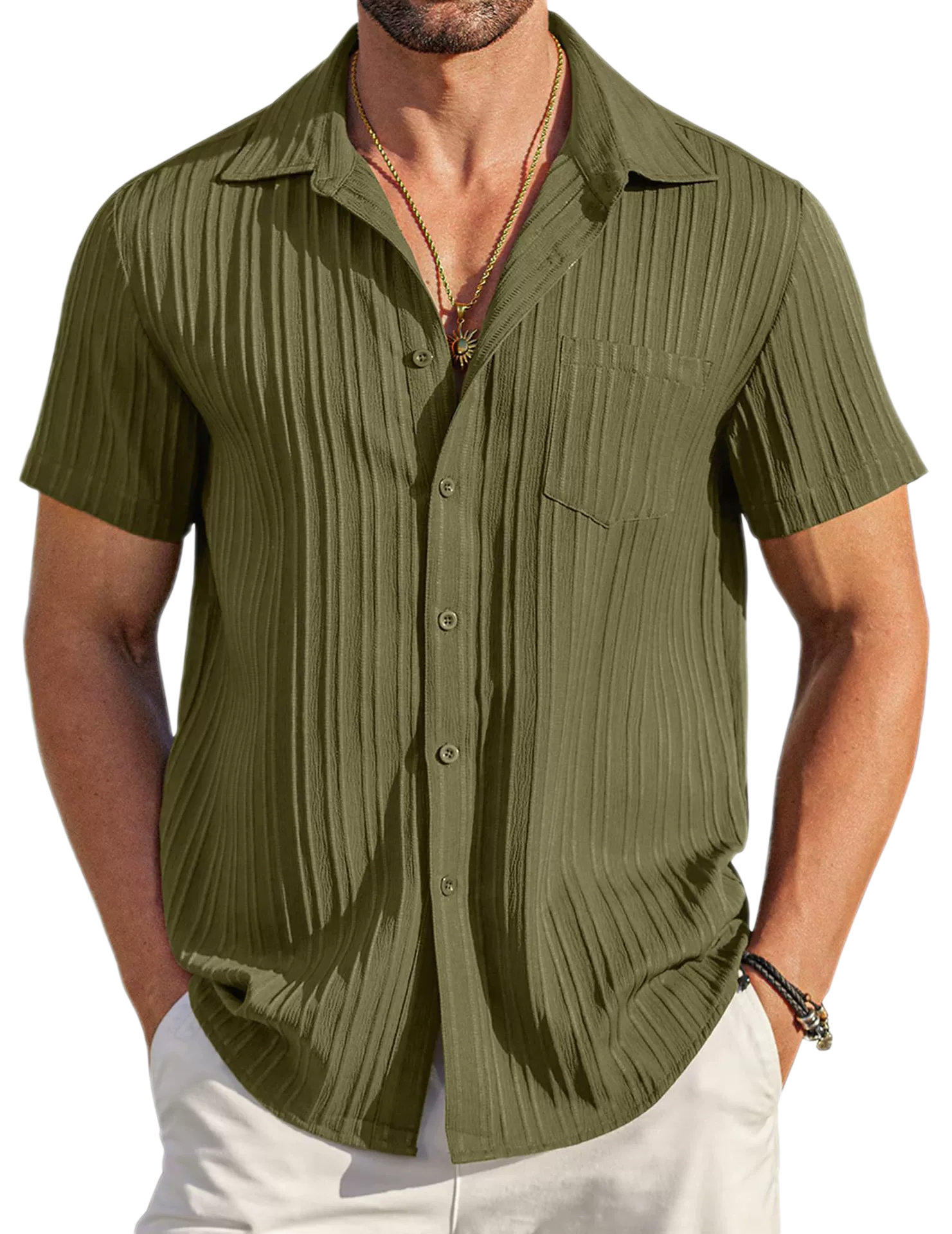 Men's Polyester-Cotton Short Sleeve Shirt Button-Up Collar Summer Casual