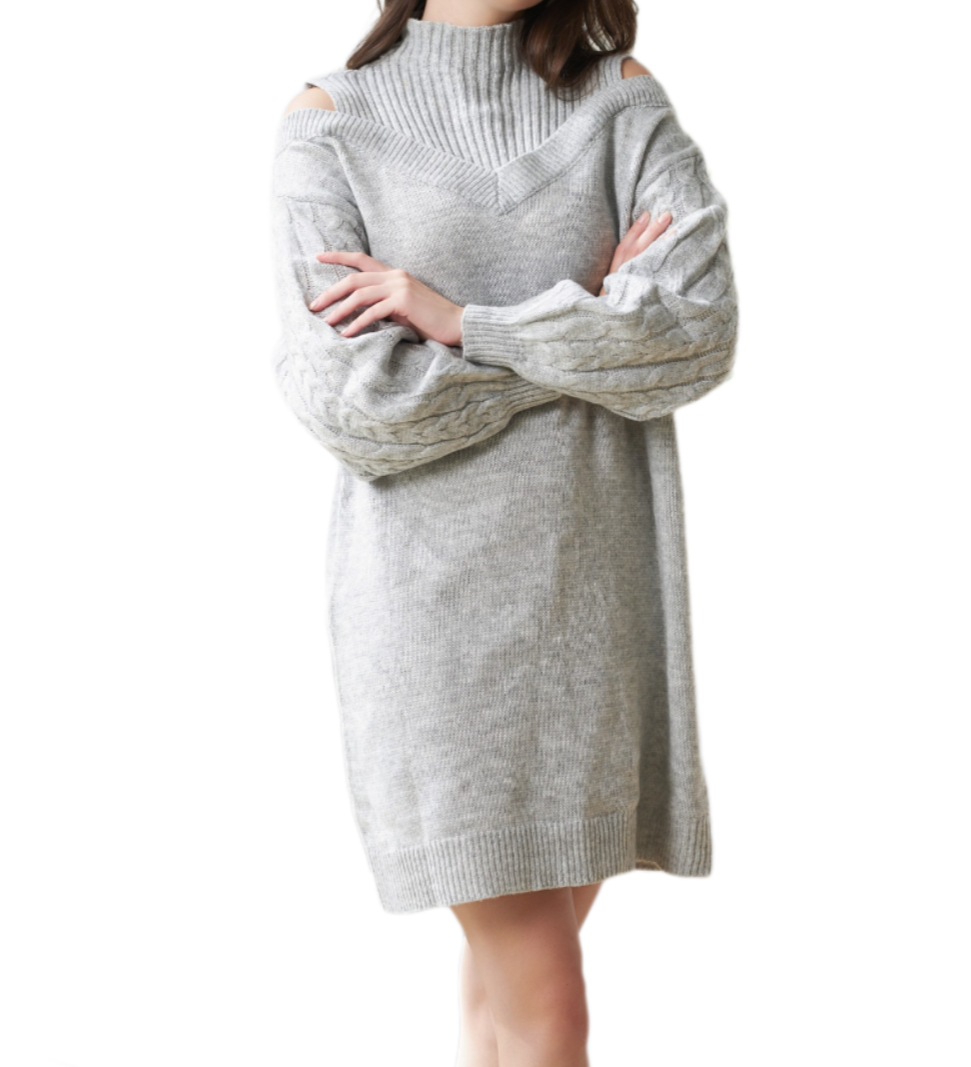 Fall New Pullover Knit Dress – Off-Shoulder, Mid-High Neck, Loose Long Sweater Dress