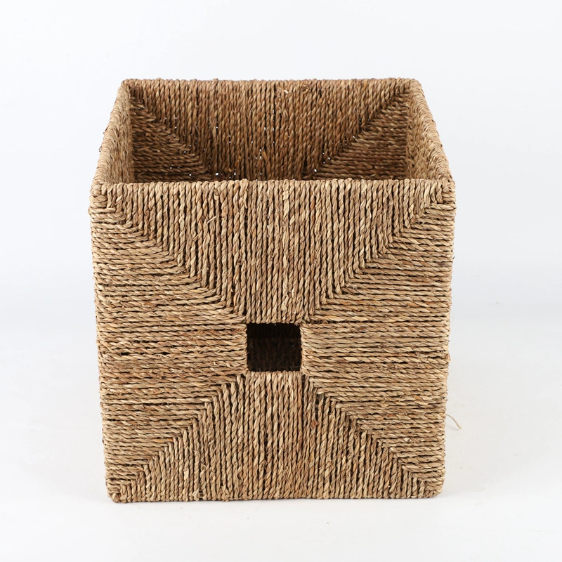 Foldable Seagrass Storage Box – Brown Handwoven Square Organizer with Iron Frame