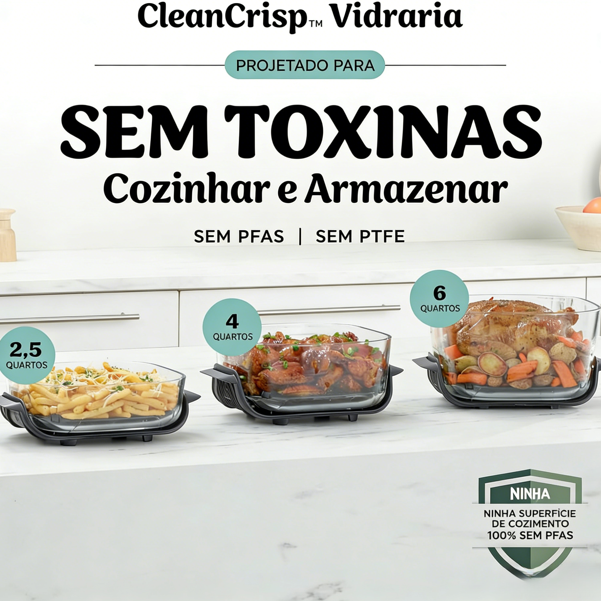 Fritadeira Elétrica Ninja Crispi Pro 6 em 1 com Vidro | 232 °C, Atóxica, Recipientes e Tampas de 6 e 2,5 litros