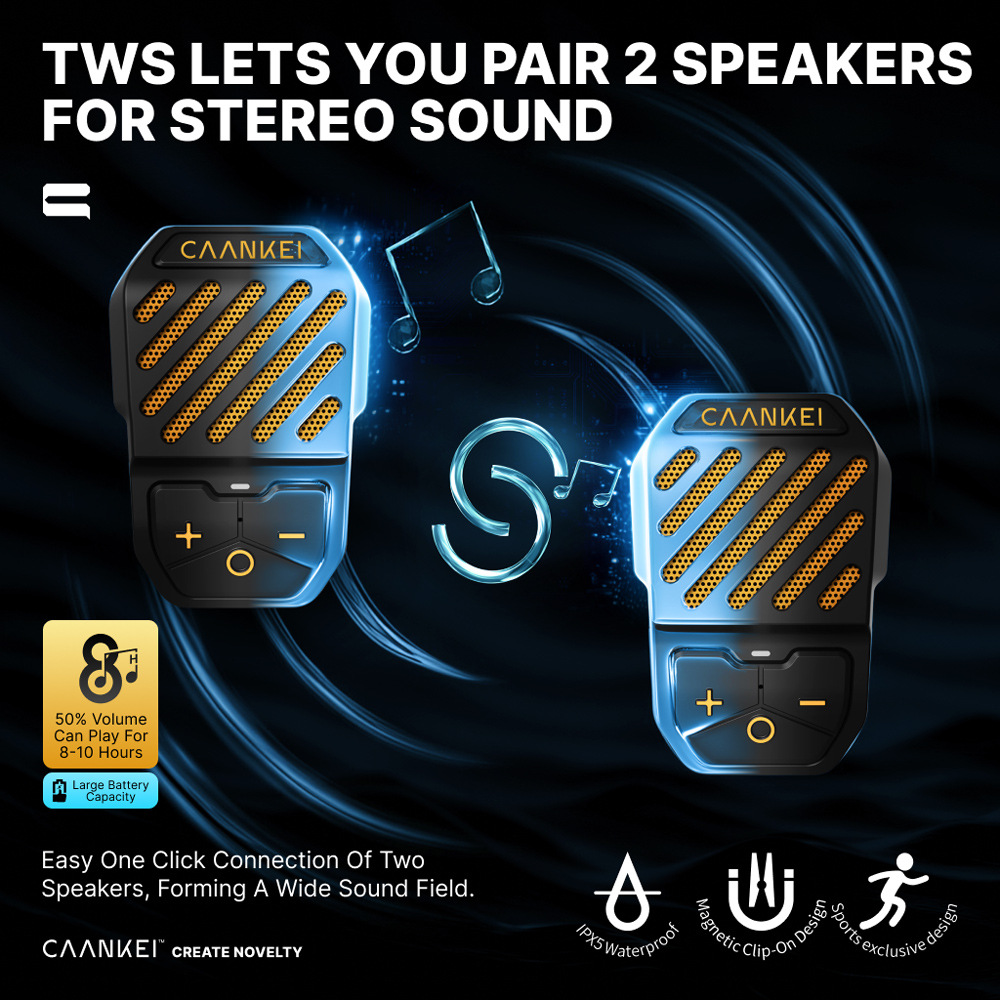 Innovative Magnetic Clip-On Sports Speaker with IPX5 Waterproof and TWS Stereo Pairing
