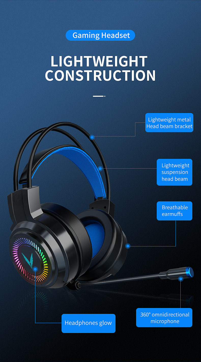 RGB Gaming Headset with Noise-Cancelling Microphone and 50mm Speaker - Black with 7-Color Lighting, Dual Plug, for Desktop Computers
