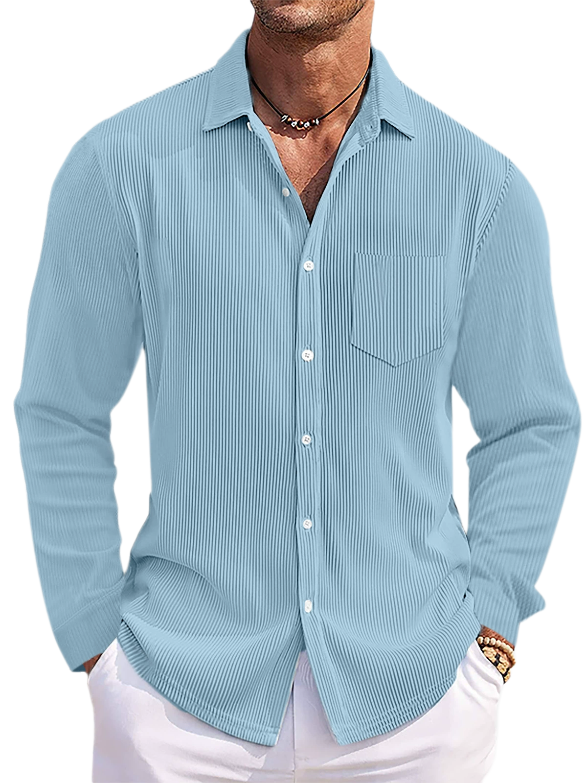 Men's Striped Long Sleeve Shirt Loose Fit Cotton-Polyester Blend