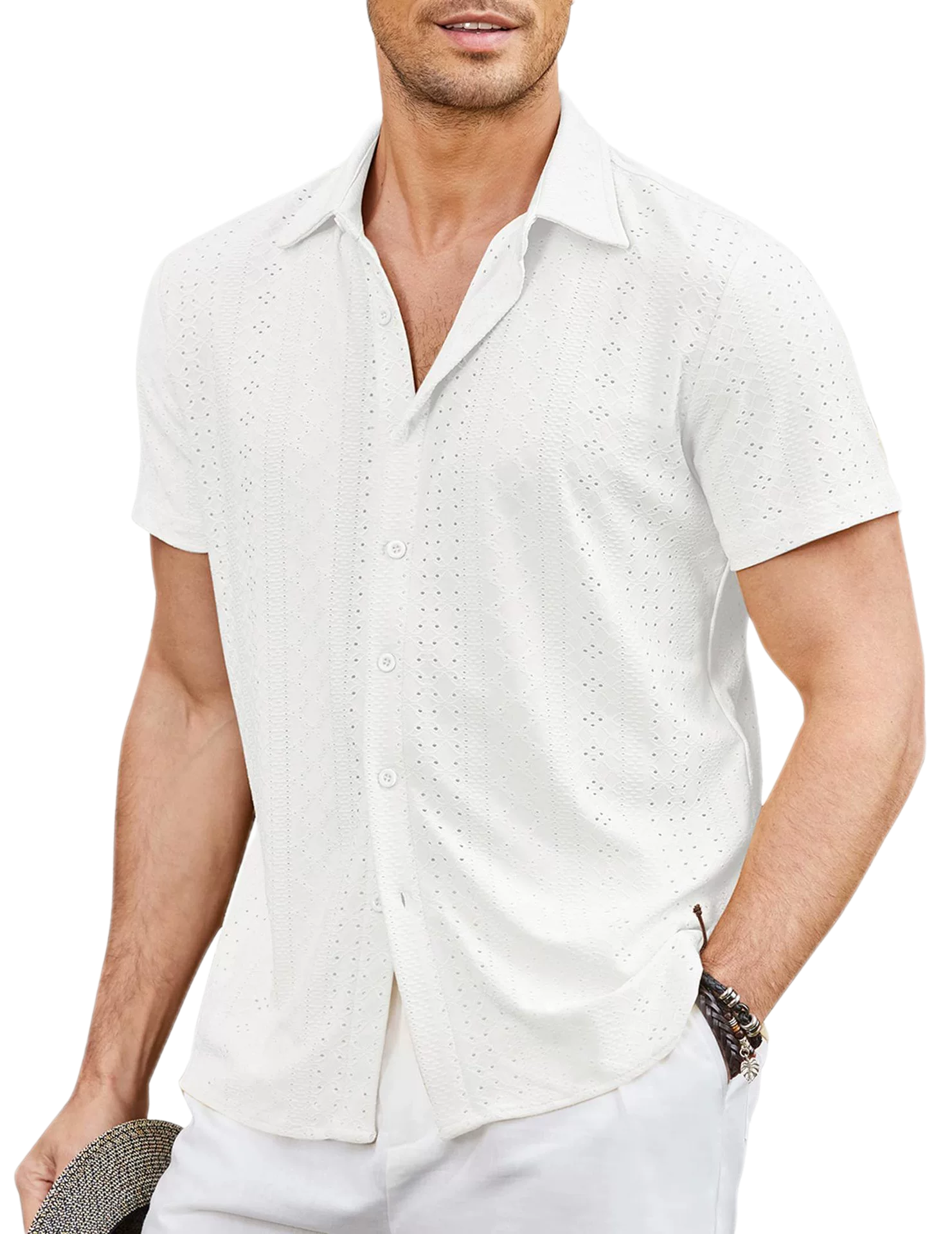 Men's Cotton-Linen Blend Button Shirt Short Sleeve UPF 30+