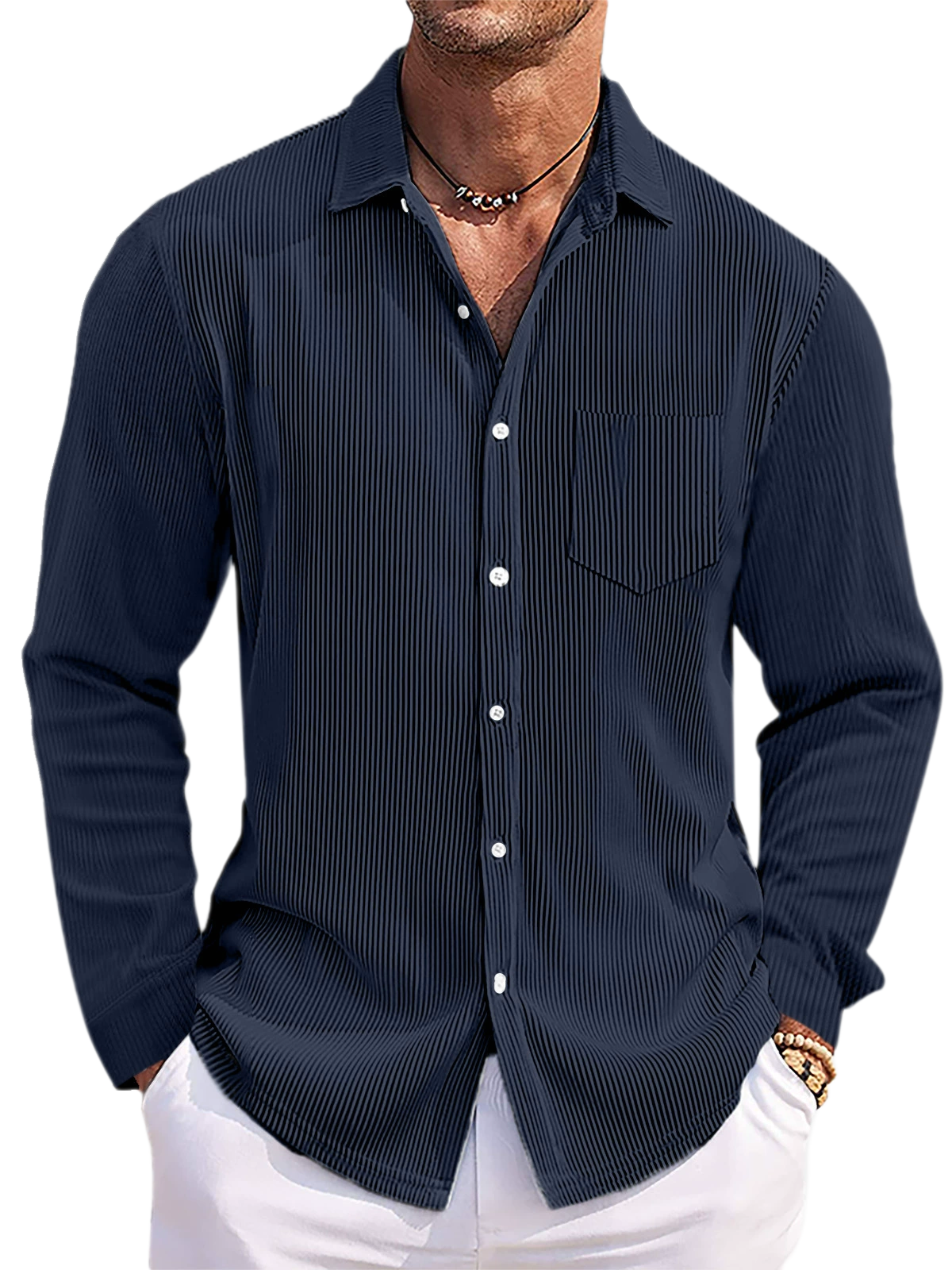 Men's Striped Long Sleeve Shirt Loose Fit Cotton-Polyester Blend