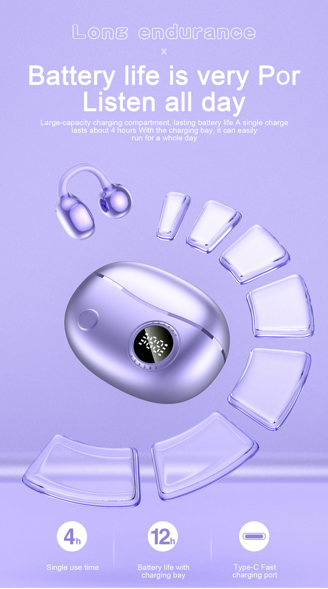 Intelligent Digital Display Bluetooth 5.4 Earbuds with Long Battery Life and Master-Slave Switching