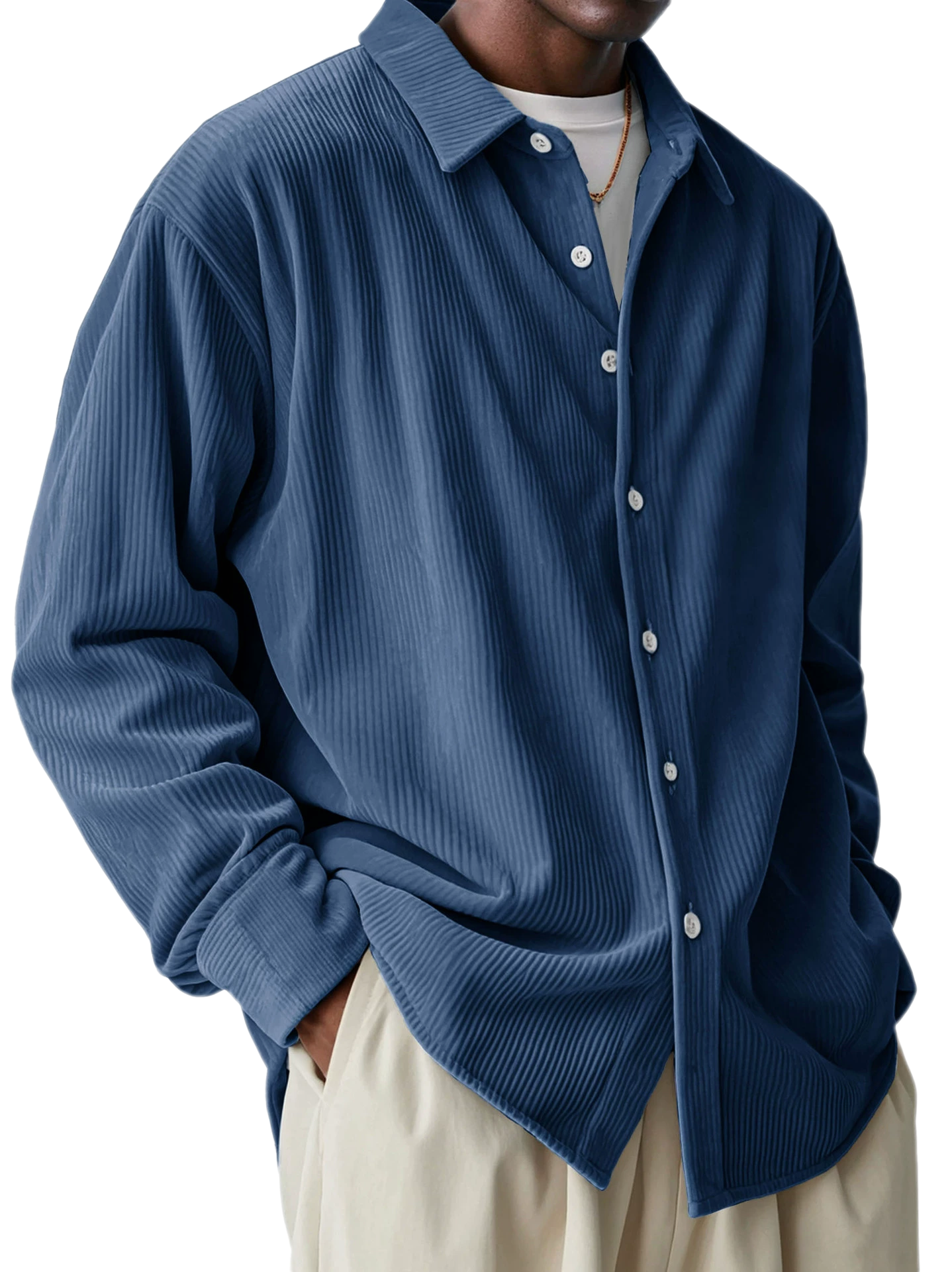 Men's Corduroy Long Sleeve Shirt Button Collar Loose Fit