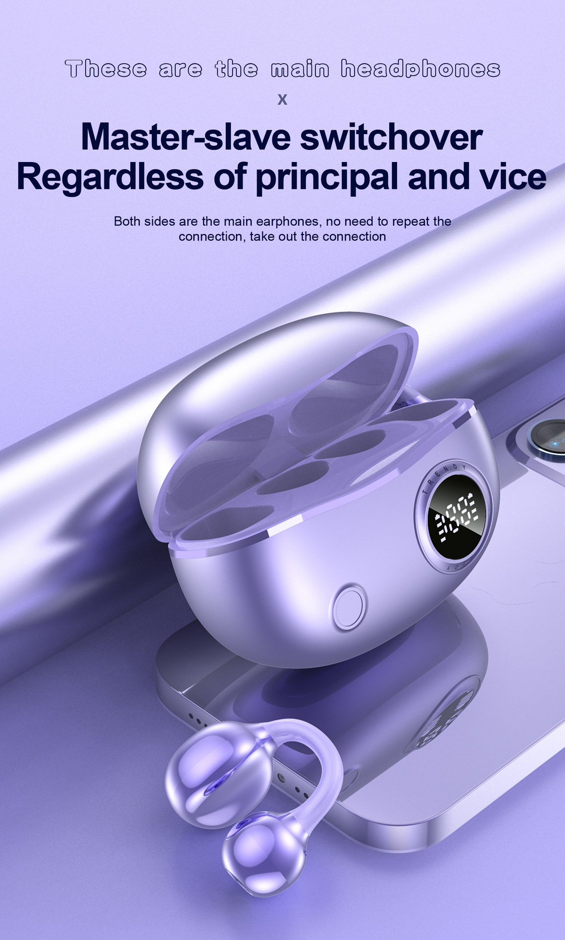 Intelligent Digital Display Bluetooth 5.4 Earbuds with Long Battery Life and Master-Slave Switching