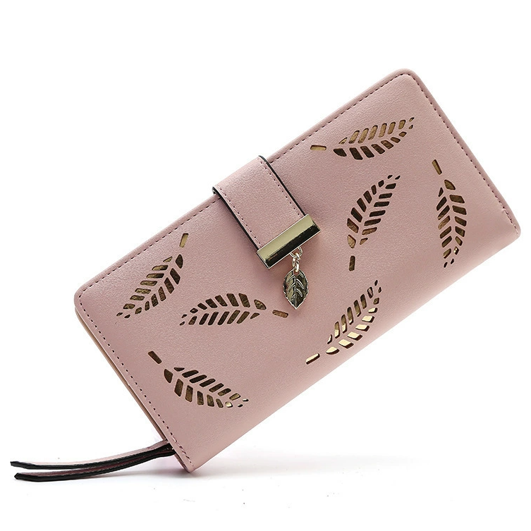 Genuine Leather Women's Long Wallet Clutch – Laser Cut Leaf Design with Zipper and Turnlock Closure
