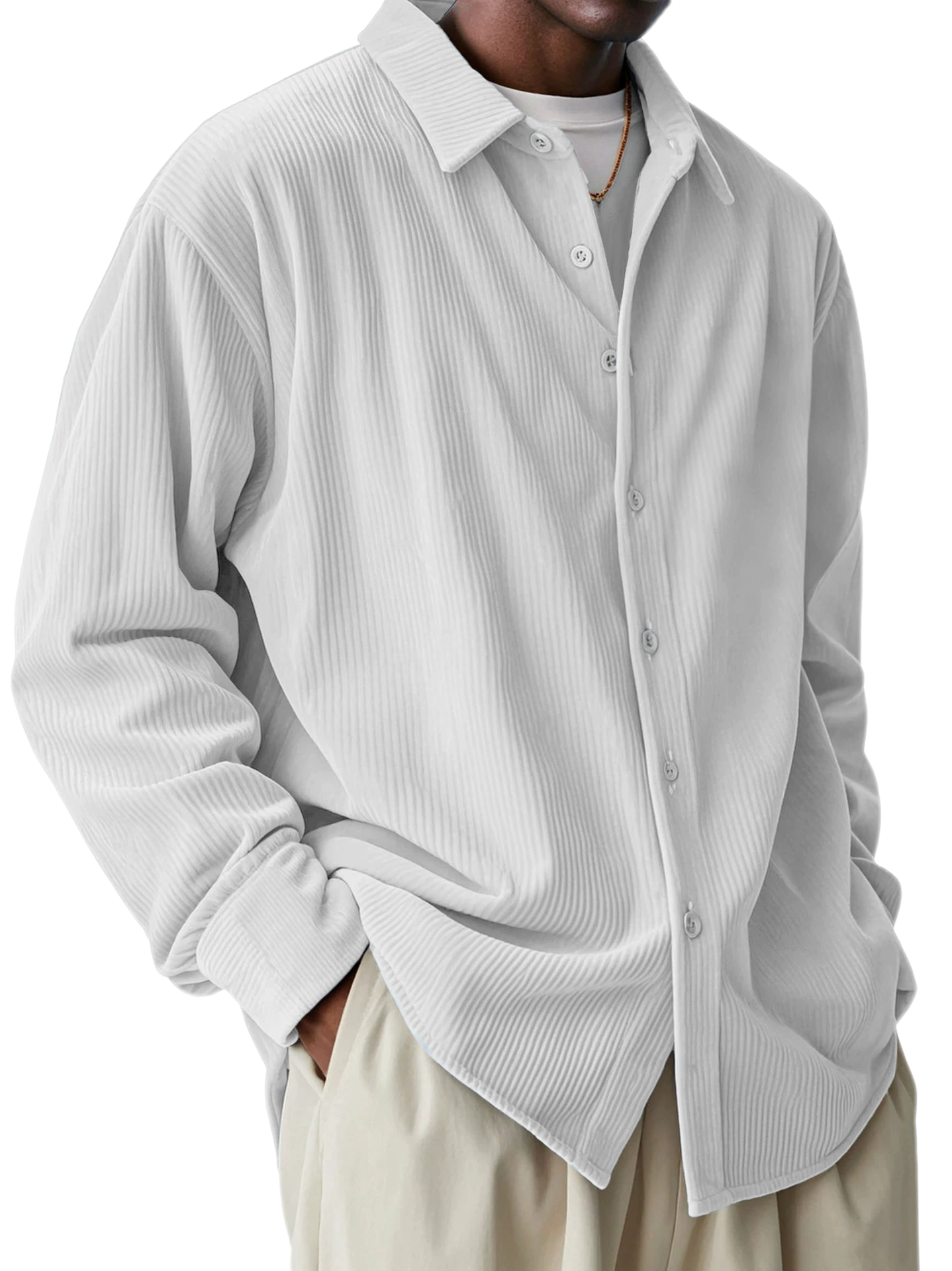 Men's Corduroy Long Sleeve Shirt Button Collar Loose Fit