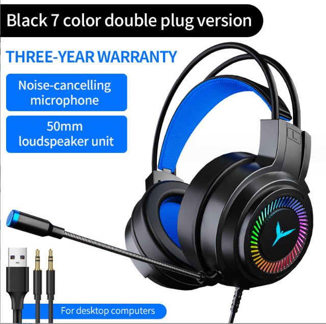 RGB Gaming Headset with Noise-Cancelling Microphone and 50mm Speaker - Black with 7-Color Lighting, Dual Plug, for Desktop Computers
