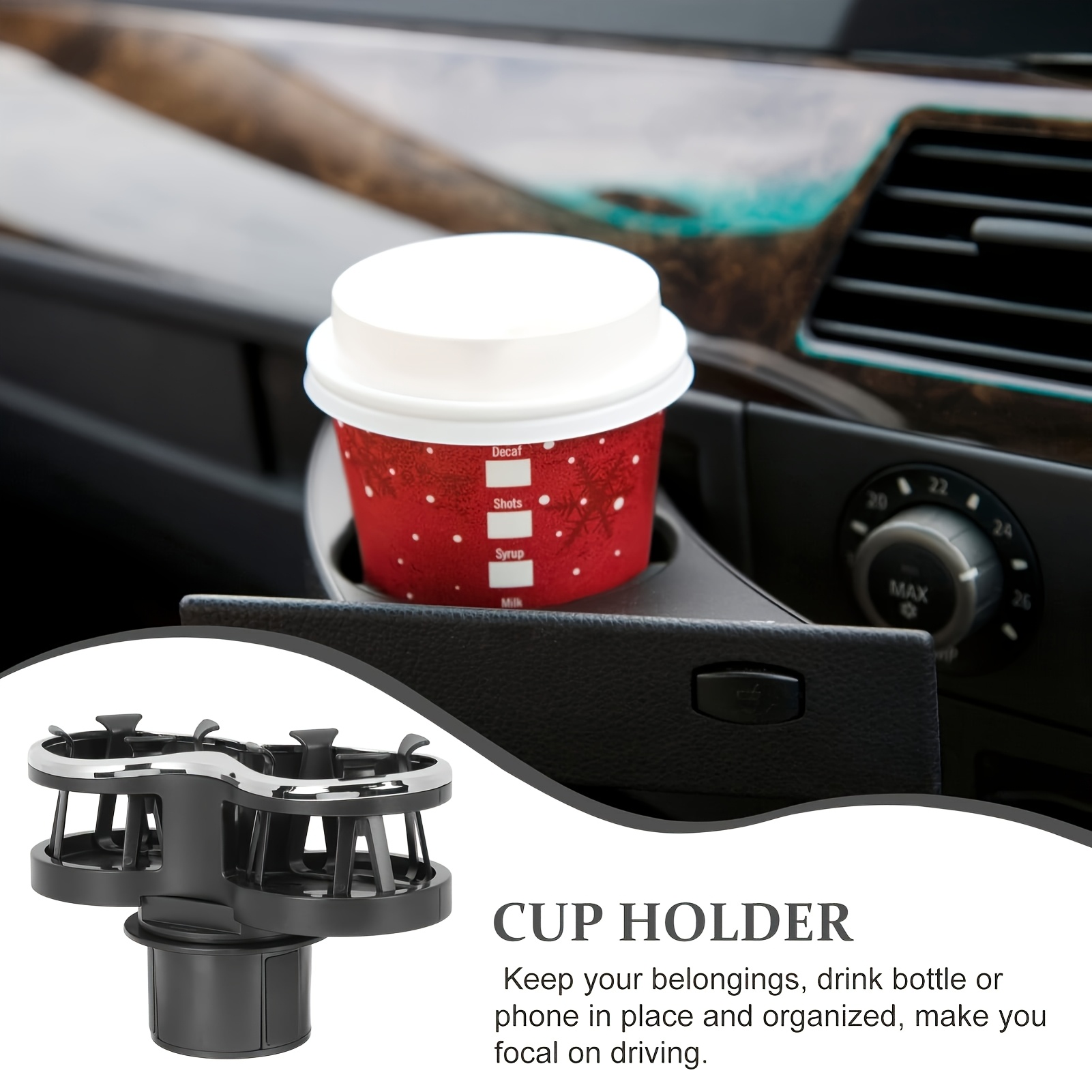 Car Center Console Cup Holder Extension Bracket, Adjustable Dual Cup Holder Expander, Durable ABS Material, Stylish Black Design Suitable for Modern Car Interiors, Universal Dual Holes, Adjustable Shockproof Base
