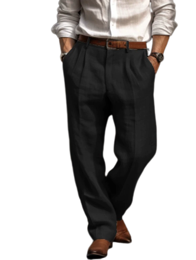 Men's Cotton-Linen Pleated Trousers Straight Leg Casual