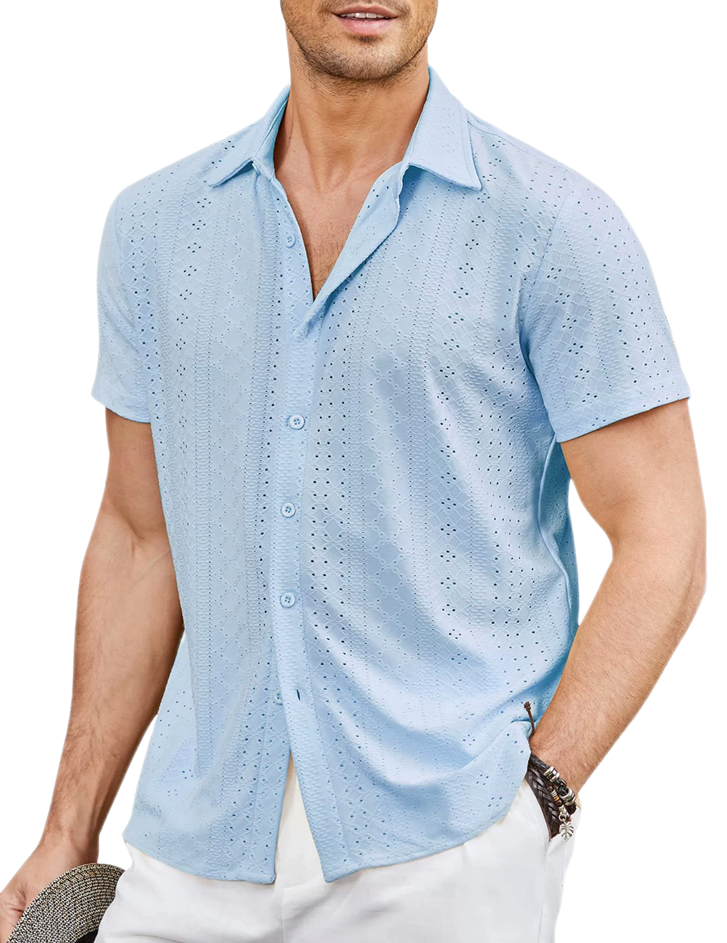 Men's Cotton-Linen Blend Button Shirt Short Sleeve UPF 30+