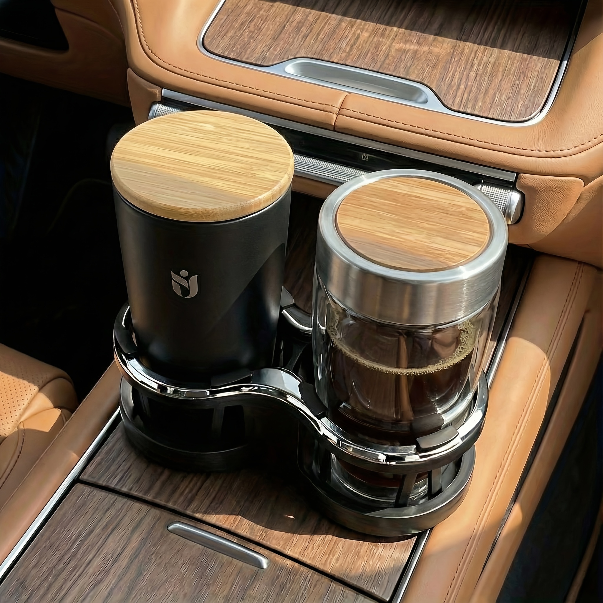 Car Center Console Cup Holder Extension Bracket, Adjustable Dual Cup Holder Expander, Durable ABS Material, Stylish Black Design Suitable for Modern Car Interiors, Universal Dual Holes, Adjustable Shockproof Base