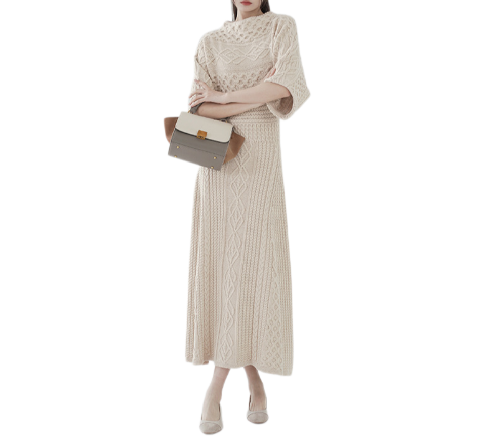 Ribbed Knit Bodycon Dress – Mid-Length Crew Neck with Elastic Waistband & Side Slits