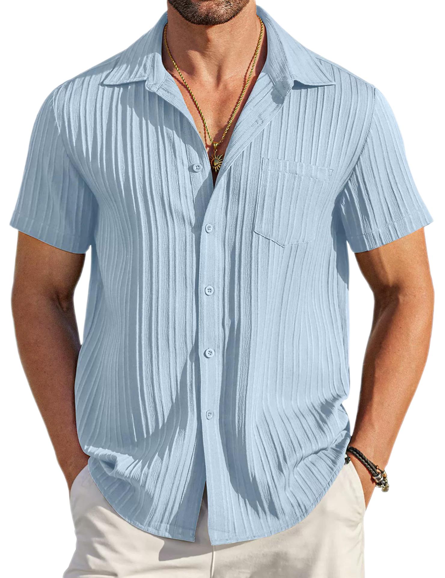 Men's Polyester-Cotton Short Sleeve Shirt Button-Up Collar Summer Casual