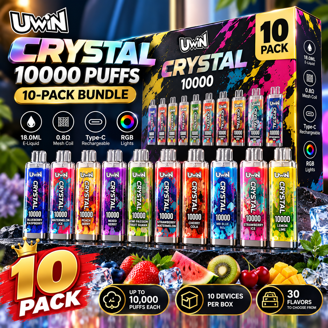 Uwin Crystal 10000 Puffs Disposable Vape – 10-Pack Bundle | RGB Lights & Multiple Flavors