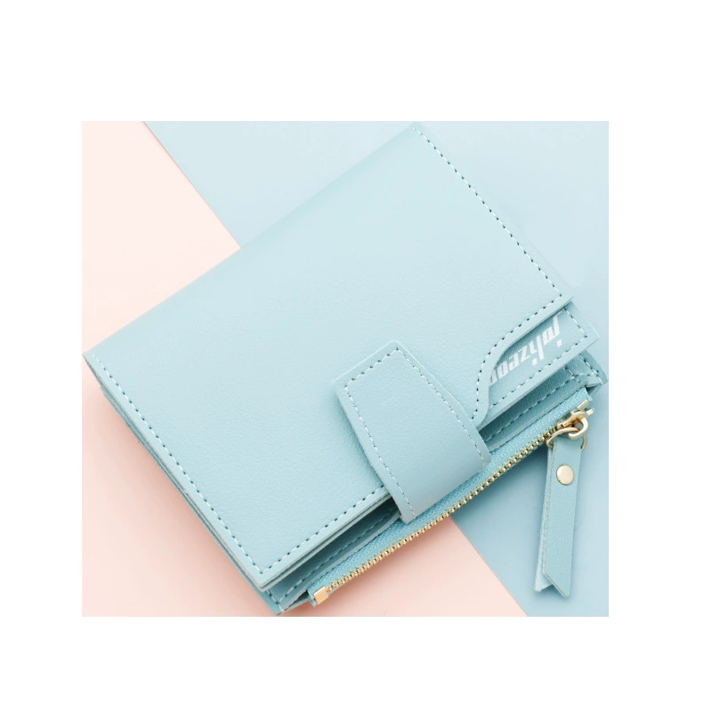 Genuine Leather Women's Tri-Fold Zip Wallet – Compact Blue Design with Card Slots and Coin Pocket