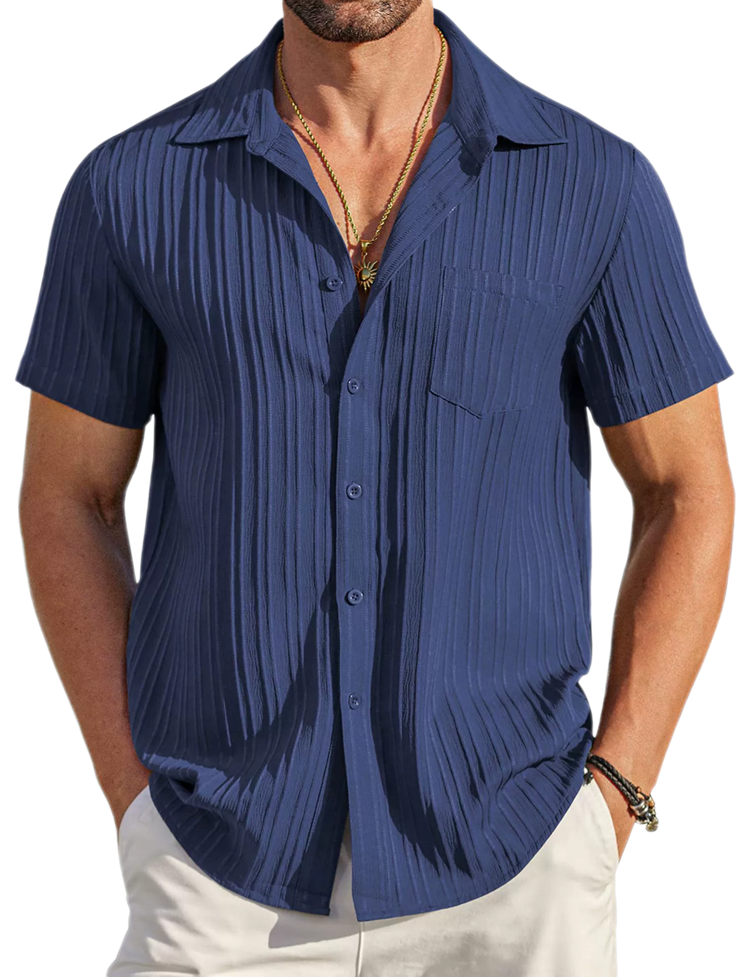 Men's Polyester-Cotton Short Sleeve Shirt Button-Up Collar Summer Casual